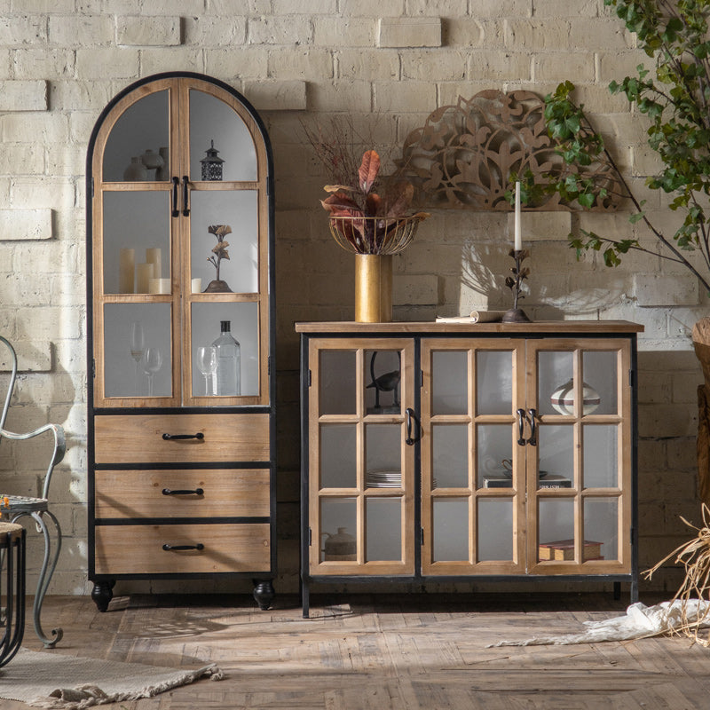 Wood and Iron Chest with Doors Bar Pulls Accent Cabinet with Shelves
