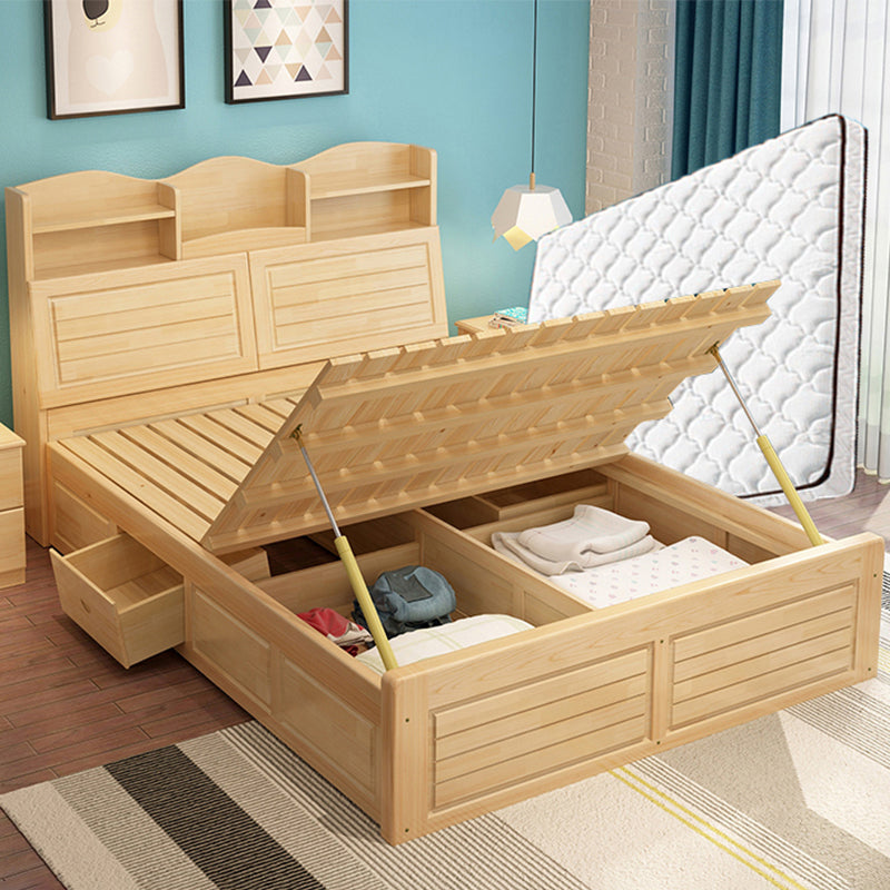 Modern Bed Frame Solid Wood Headboard Standard Bed with Storage