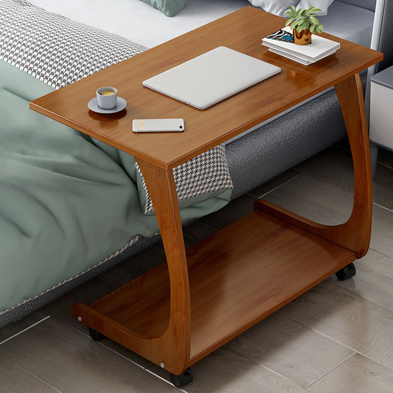 Bamboo Sofa Side Accent Table in Brown Modern 1 - Shelf End Table with Casters
