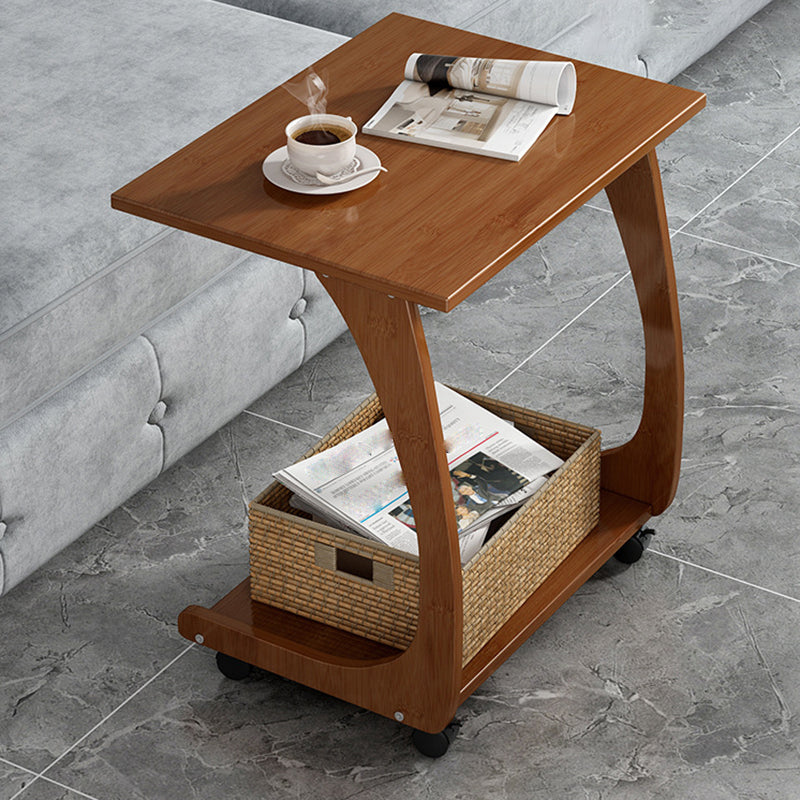 Bamboo Sofa Side Accent Table in Brown Modern 1 - Shelf End Table with Casters