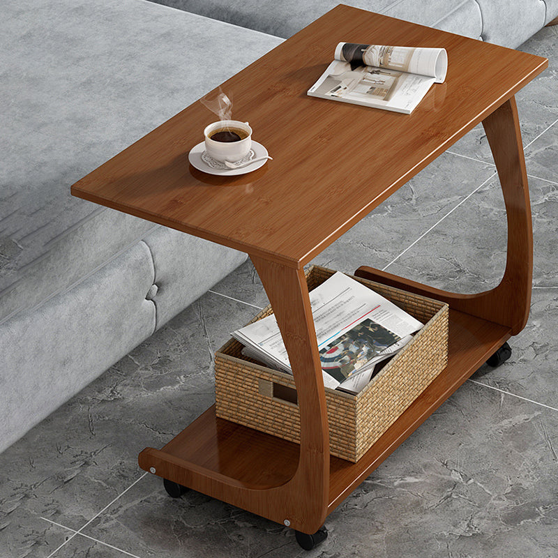 Bamboo Sofa Side Accent Table in Brown Modern 1 - Shelf End Table with Casters