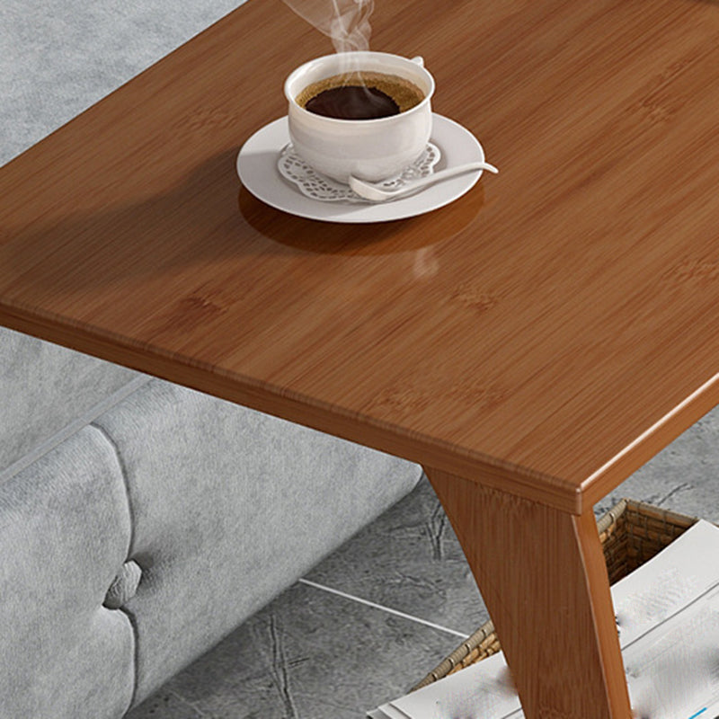 Bamboo Sofa Side Accent Table in Brown Modern 1 - Shelf End Table with Casters