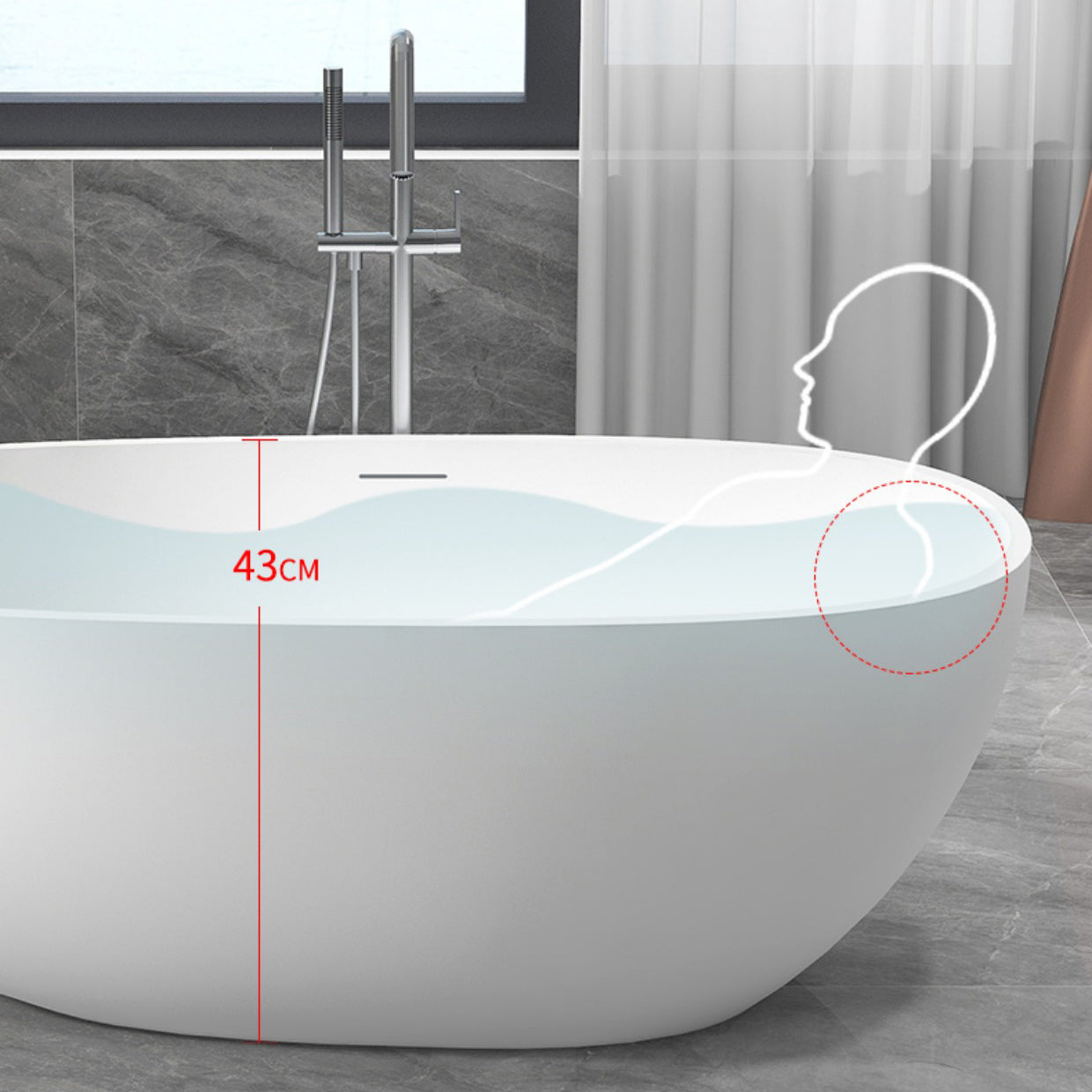 Modern Ellipse White Bathtub Stone Freestanding Soaking Bathtub with Drain Bath Tub
