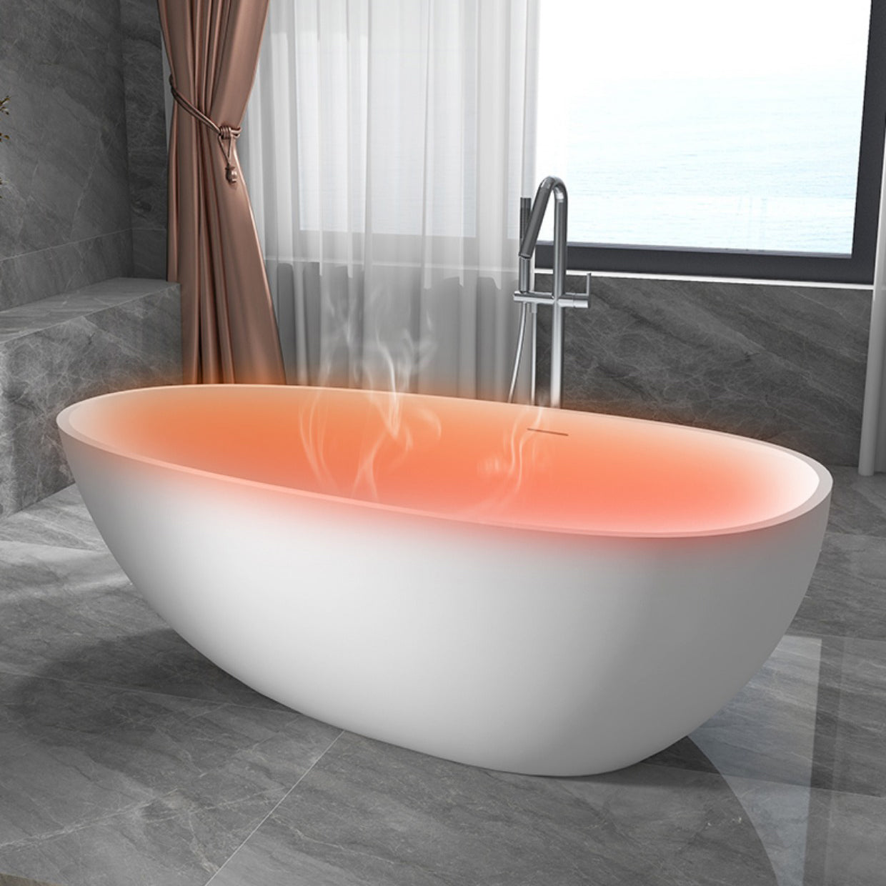 Modern Ellipse White Bathtub Stone Freestanding Soaking Bathtub with Drain Bath Tub
