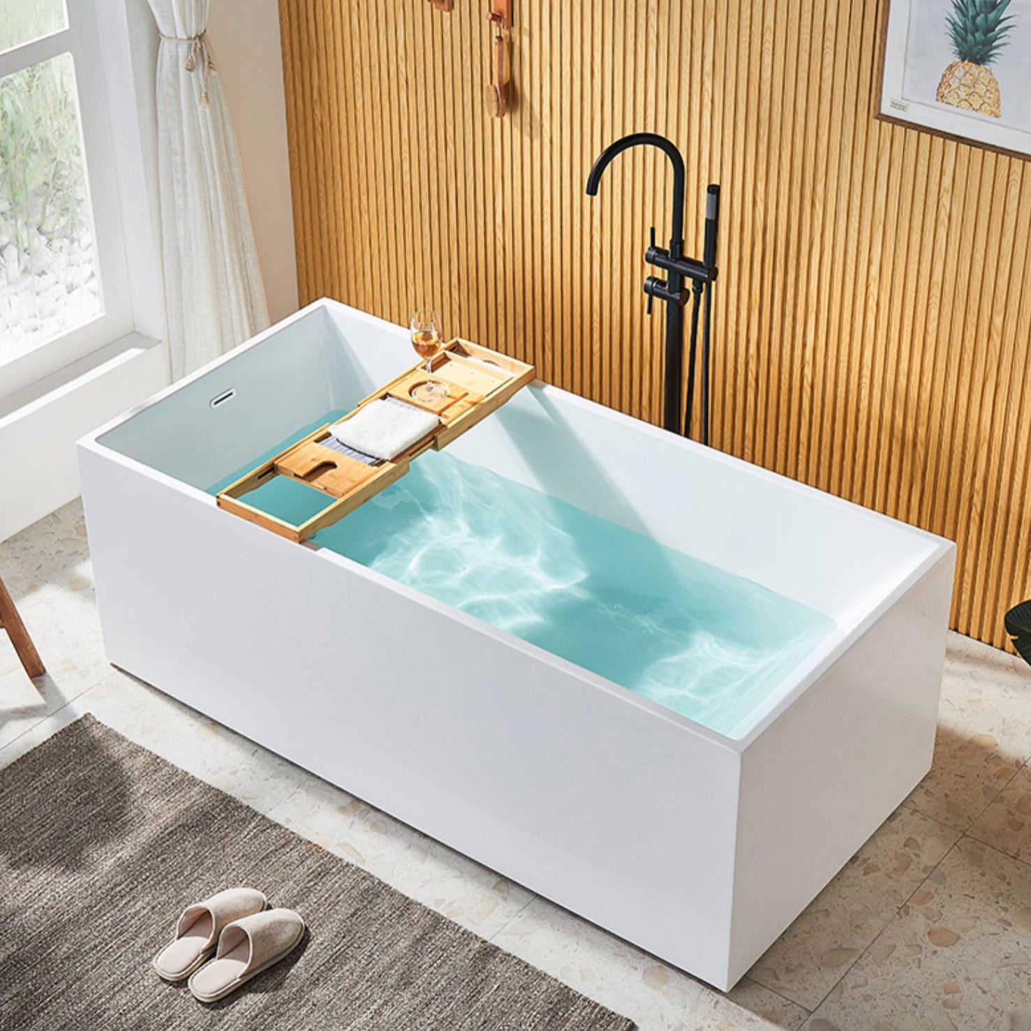Modern Rectangle Acrylic Bathtub Freestand Soaking Bathtub with Drain Bath Tub