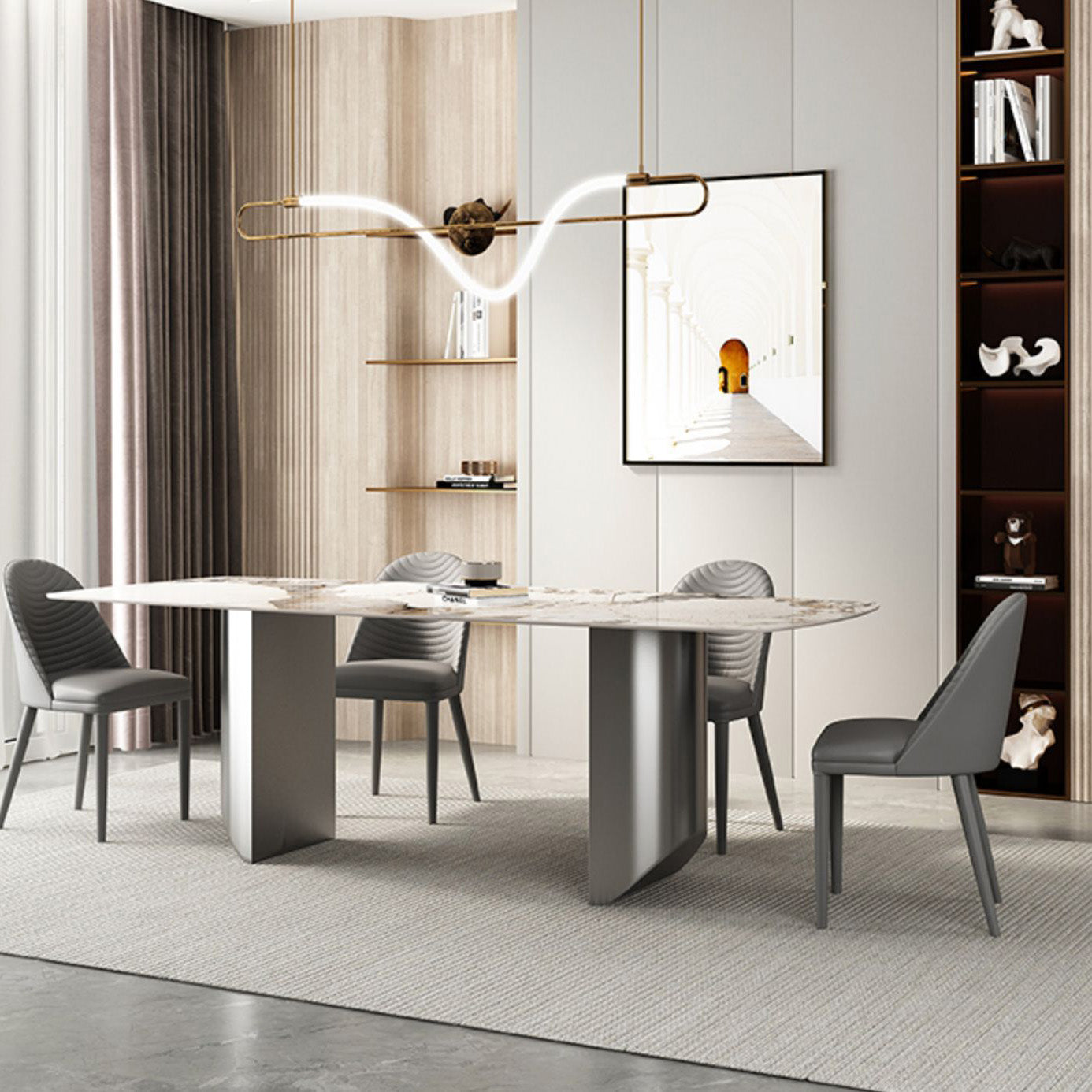 Industrial Rectangle Dining Table Sintered Stone Table with Metal Legs for Kitchen