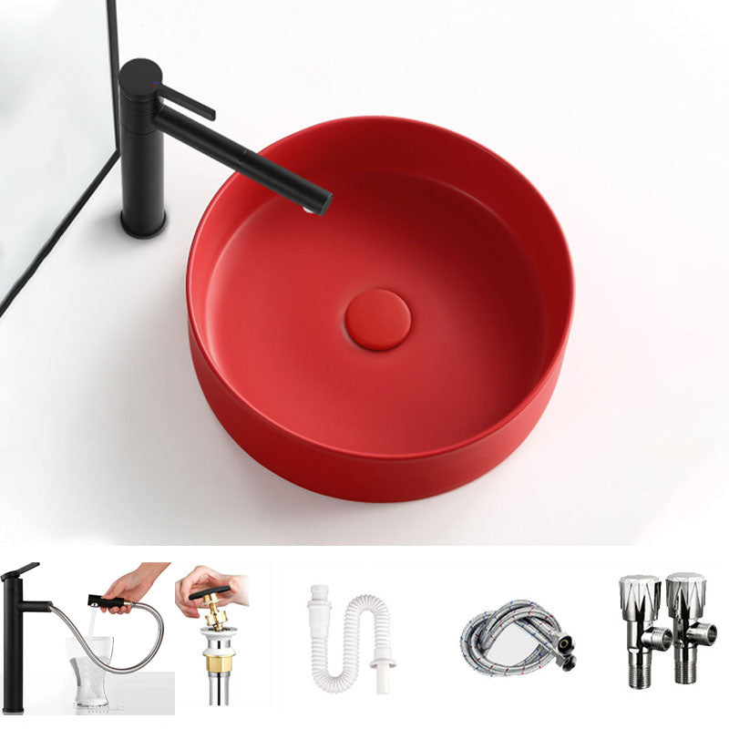 Modern Vessel Bathroom Sink Round Porcelain with Overflow And Drain Assembly Vessel Sink