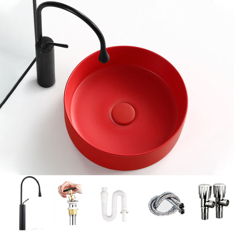 Modern Vessel Bathroom Sink Round Porcelain with Overflow And Drain Assembly Vessel Sink