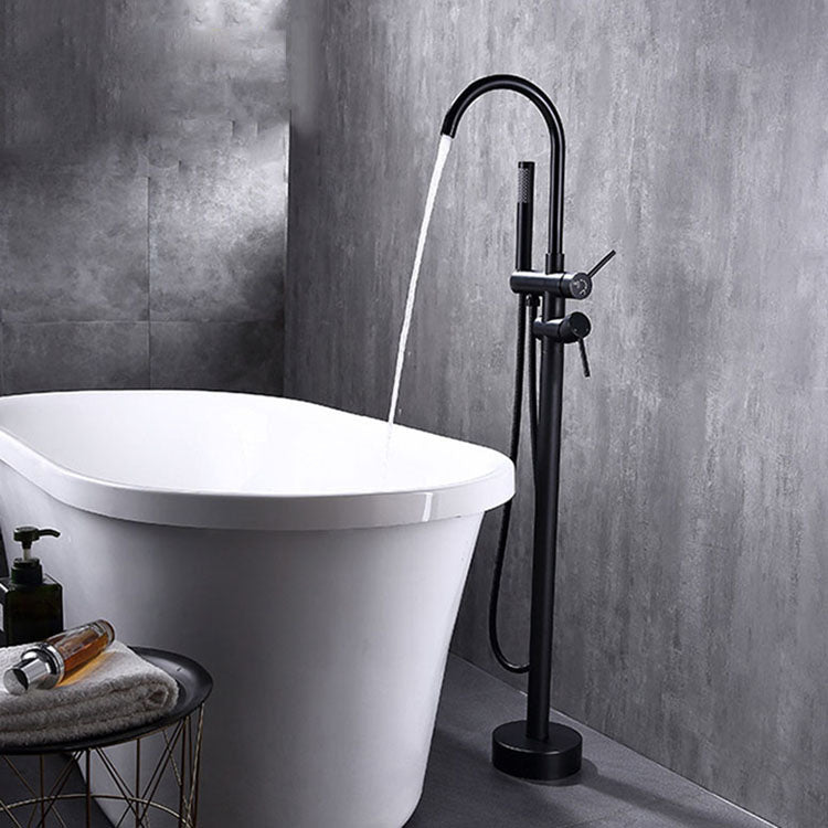 Floor Mounted Metal Freestanding Tub Filler Double Handles Freestanding Faucet with Hose
