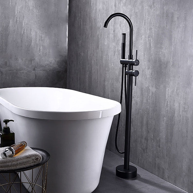 Floor Mounted Metal Freestanding Tub Filler Double Handles Freestanding Faucet with Hose