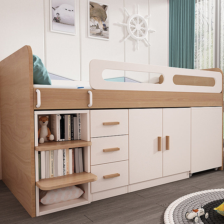 Contemporary Wood Loft Bed with Guardrail Natural Bed with Storage