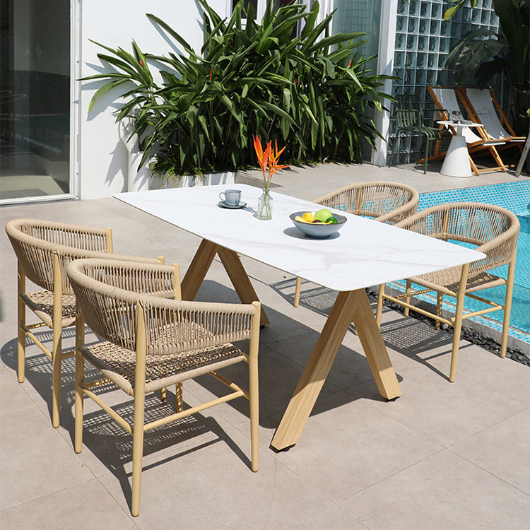 Contemporary Natural Patio Dining Side Chair with Faux Rattan Back