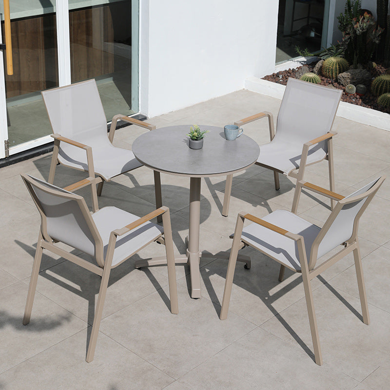 Contemporary Patio Dining Side Chair in Beige Aluminum with Fabric Back