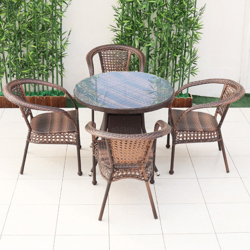 Tropical Brown Armed Chairs with Faux Rattan Open Back in Metel