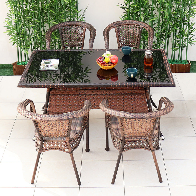 Tropical Brown Armed Chairs with Faux Rattan Open Back in Metel