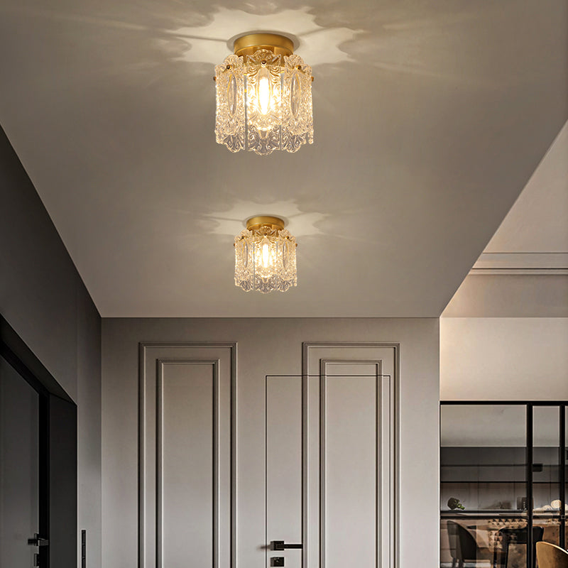 Drum Shape Flush Ceiling Lights Modern Style Glass 1 Light Flush Mount Fixture in Gold