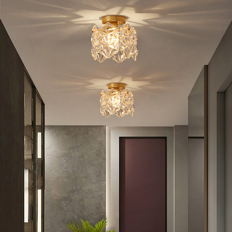 Drum Shape Flush Ceiling Lights Modern Style Glass 1 Light Flush Mount Fixture in Gold