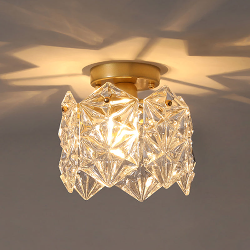 Drum Shape Flush Ceiling Lights Modern Style Glass 1 Light Flush Mount Fixture in Gold
