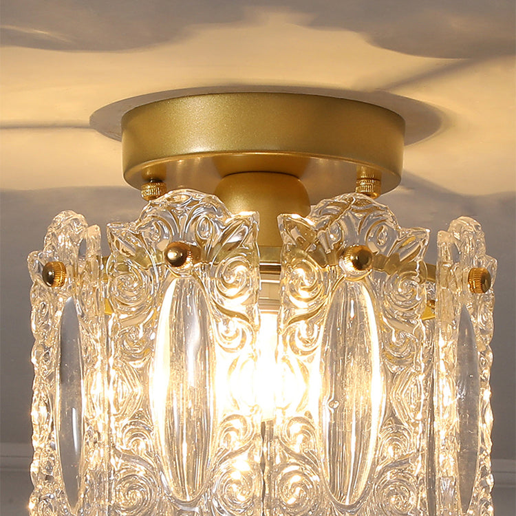 Drum Shape Flush Ceiling Lights Modern Style Glass 1 Light Flush Mount Fixture in Gold