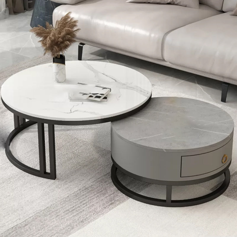 Glam Nesting Coffee Table Set Frame Round Slate Coffee Table with Drawer