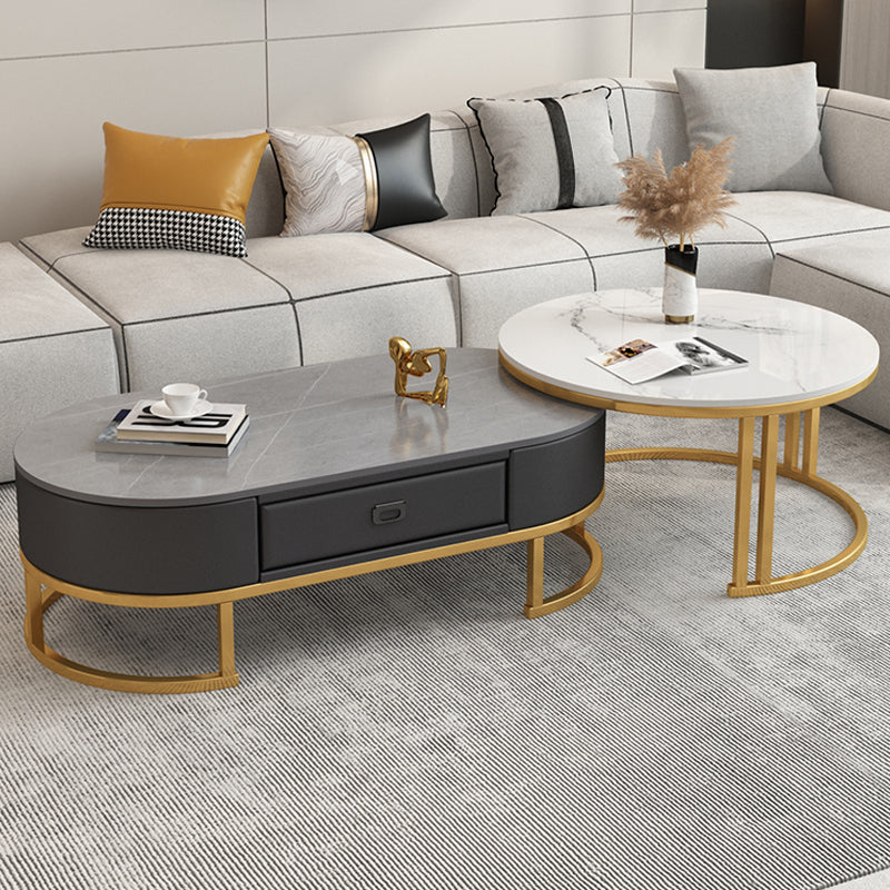 Glam Nesting Coffee Table Set Frame Round Slate Coffee Table with Drawer