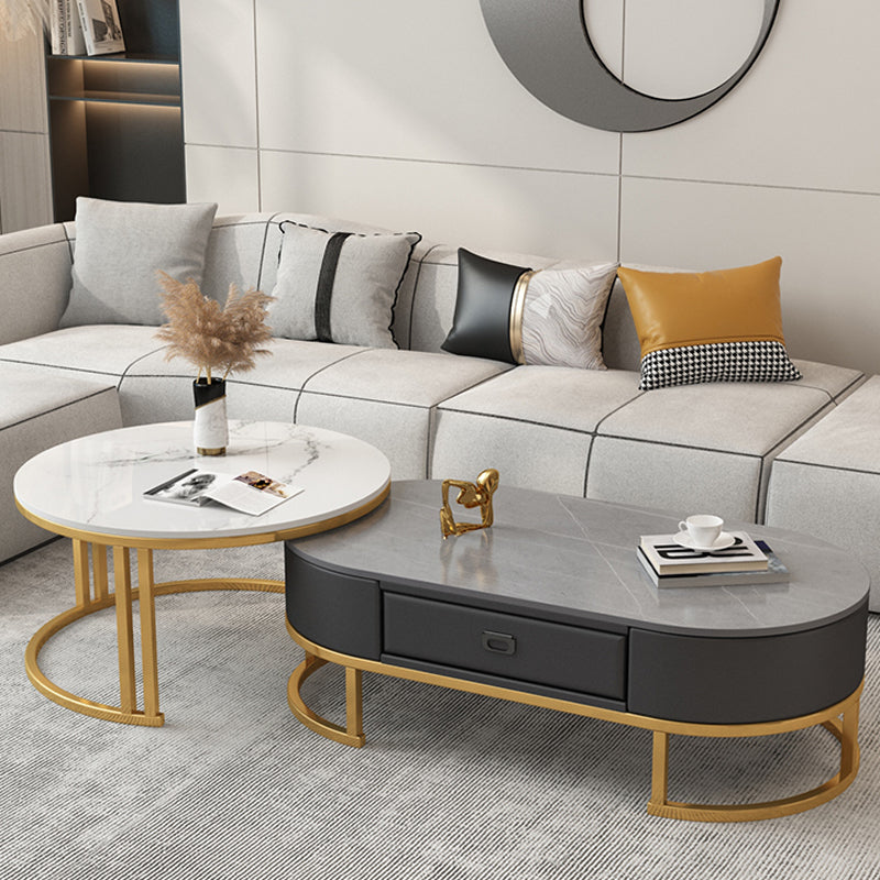 Glam Nesting Coffee Table Set Frame Round Slate Coffee Table with Drawer