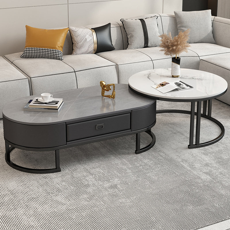 Glam Nesting Coffee Table Set Frame Round Slate Coffee Table with Drawer