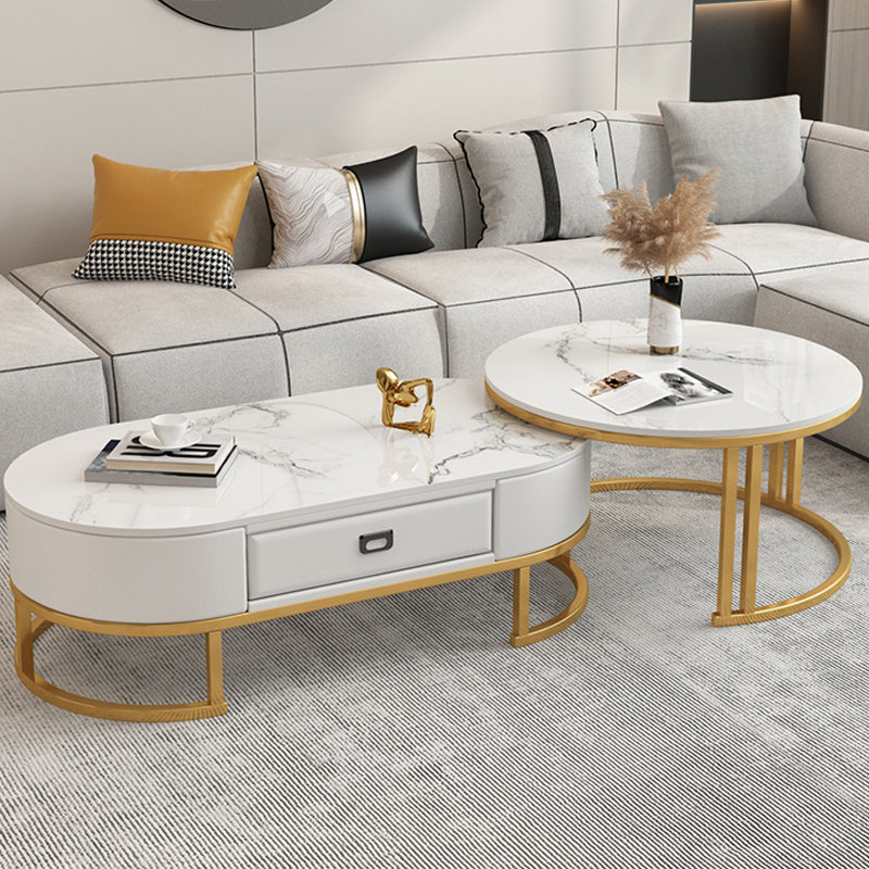 Glam Nesting Coffee Table Set Frame Round Slate Coffee Table with Drawer