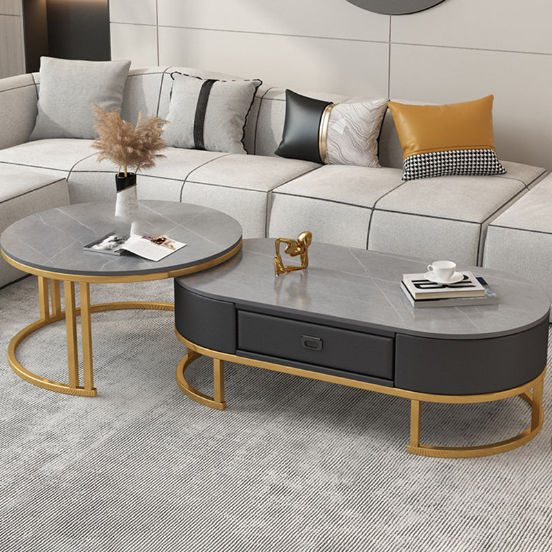 Glam Nesting Coffee Table Set Frame Round Slate Coffee Table with Drawer