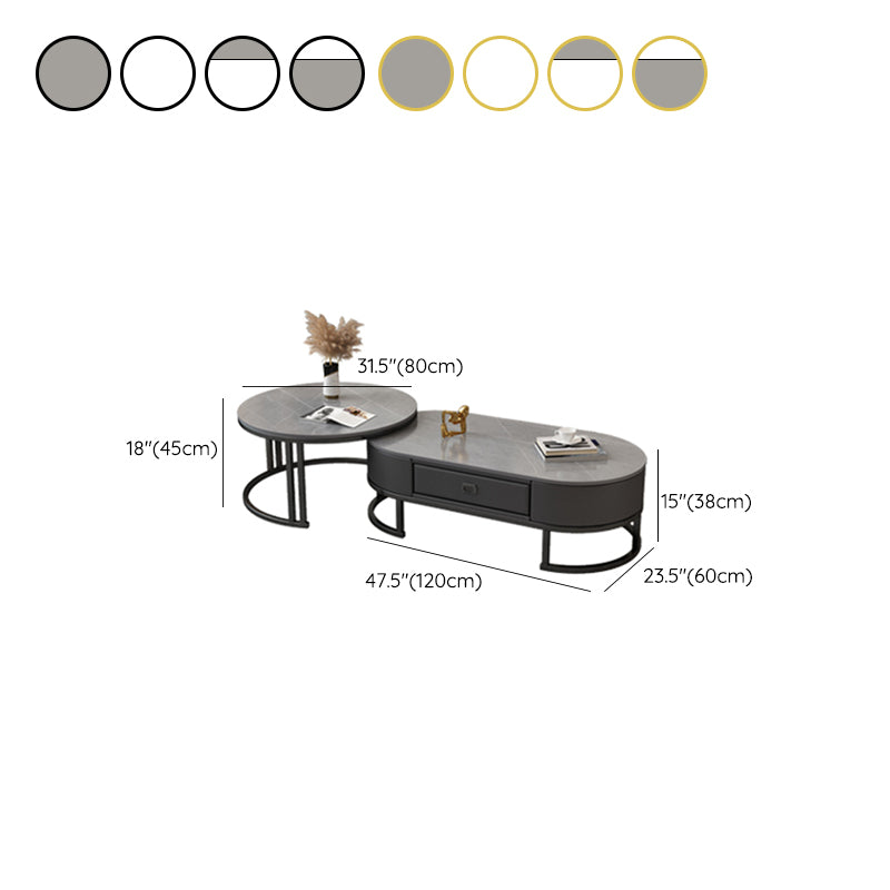 Glam Nesting Coffee Table Set Frame Round Slate Coffee Table with Drawer