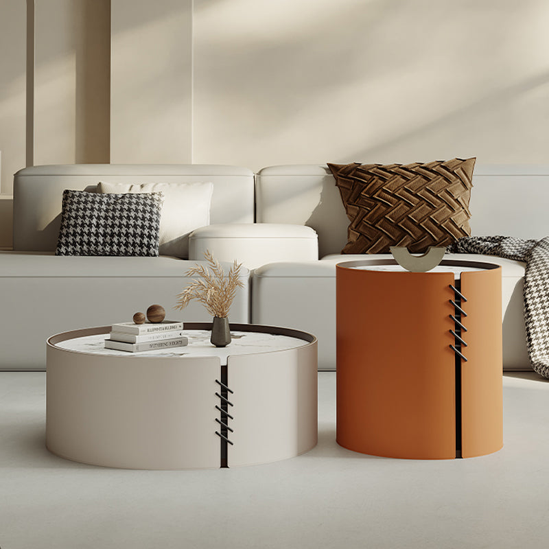 Contemporary Coffee Table Round Slate Drum Coffee Cocktail Table