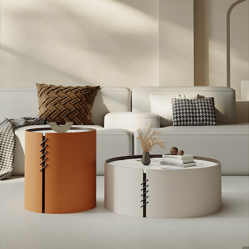 Contemporary Coffee Table Round Slate Drum Coffee Cocktail Table