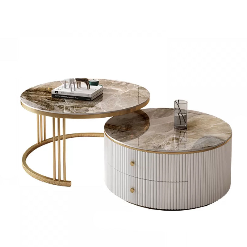 Round Frame Coffee Table Slate Nesting Coffee Table Set with Storage