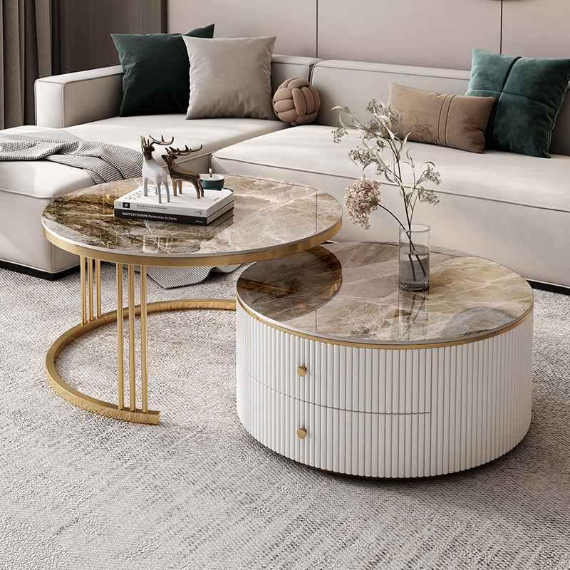 Round Frame Coffee Table Slate Nesting Coffee Table Set with Storage