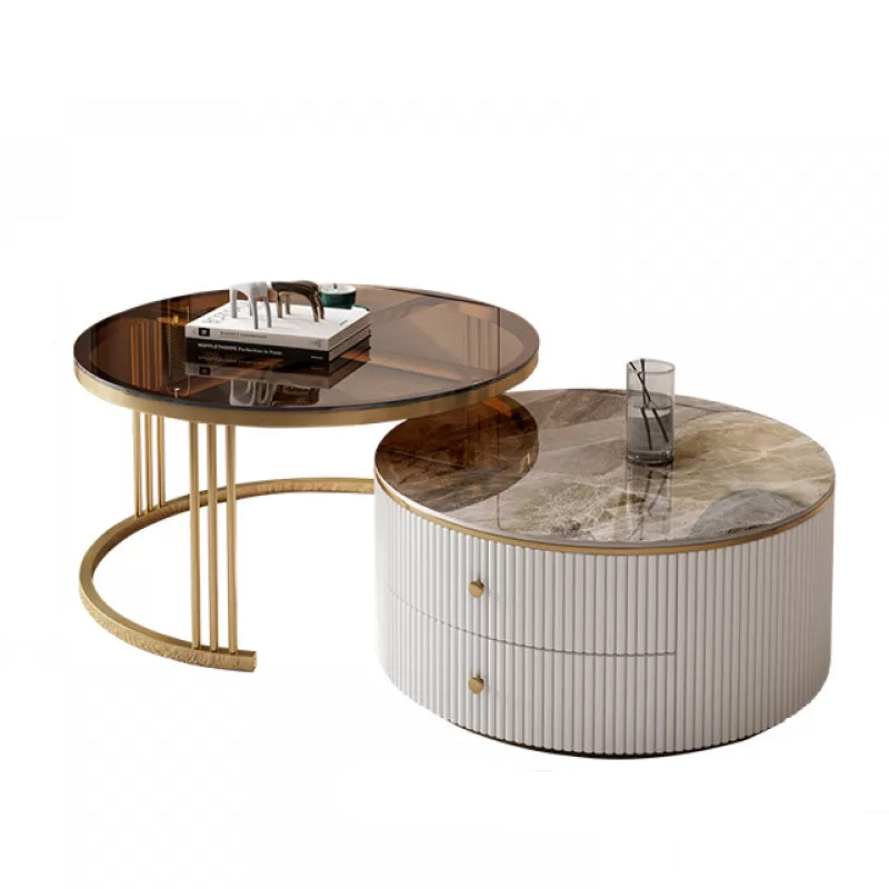 Round Frame Coffee Table Slate Nesting Coffee Table Set with Storage