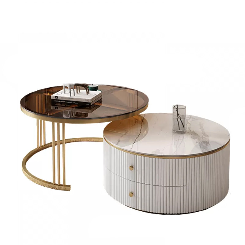 Round Frame Coffee Table Slate Nesting Coffee Table Set with Storage