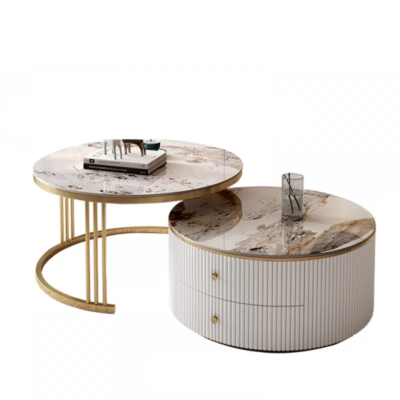 Round Frame Coffee Table Slate Nesting Coffee Table Set with Storage