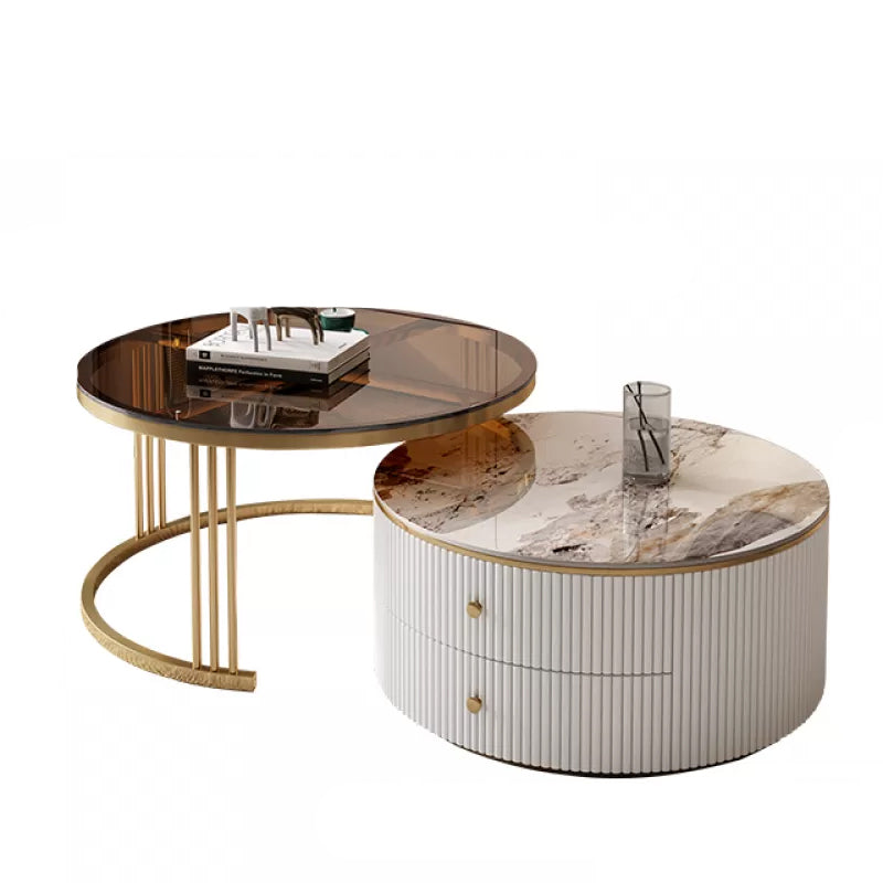 Round Frame Coffee Table Slate Nesting Coffee Table Set with Storage
