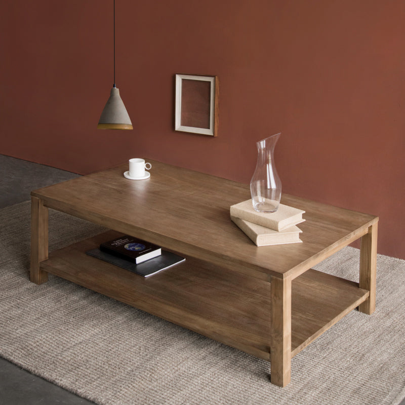 17"H Contemporary Coffee Table Solid Wood Coffee Cocktail Table with Storage