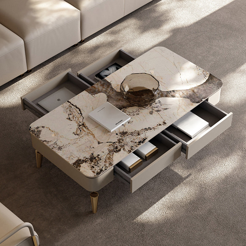 4 Legs Cocktail Table Modern Rectangle Single Coffee Table with 4 Drawers
