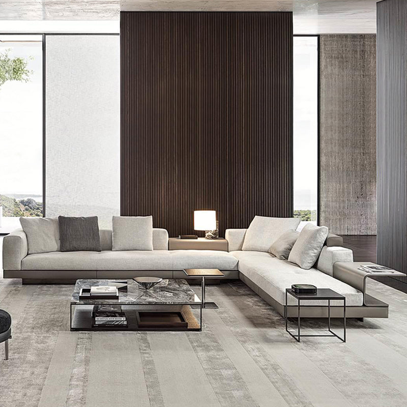 Contemporary Genuine Leather Sofa Square Arm Loose Back Sofa with Table