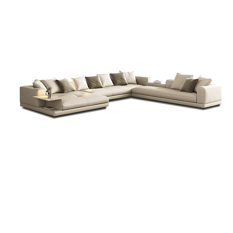Contemporary Genuine Leather Sofa Square Arm Loose Back Sofa with Table
