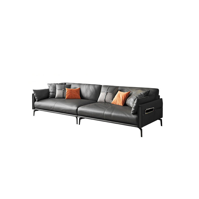Mid-Century Modern Loose Back Sofa Gray Genuine Leather Aqure Arm Sofa
