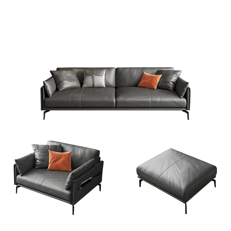Mid-Century Modern Loose Back Sofa Gray Genuine Leather Aqure Arm Sofa