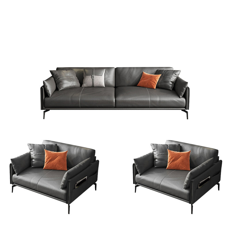 Mid-Century Modern Loose Back Sofa Gray Genuine Leather Aqure Arm Sofa