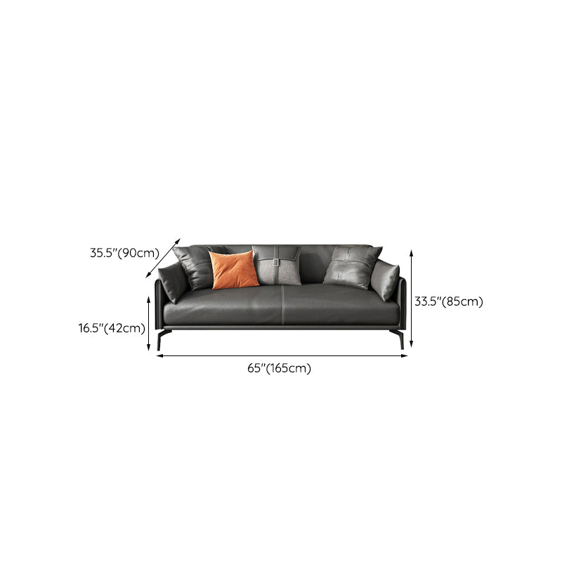 Mid-Century Modern Loose Back Sofa Gray Genuine Leather Aqure Arm Sofa