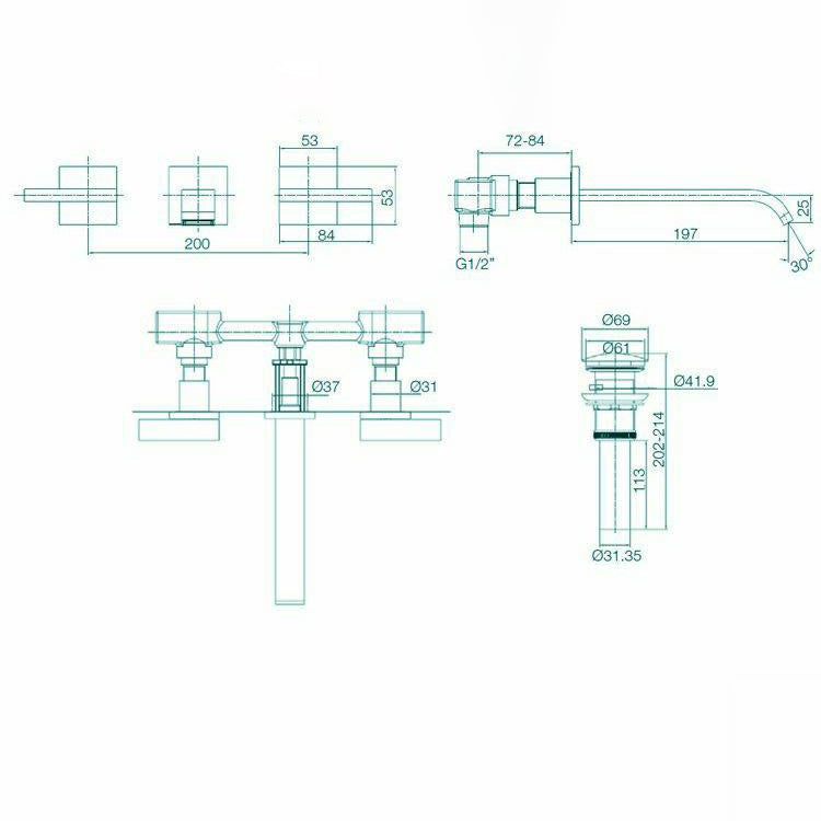 Glam Wall Mounted Bathroom Faucet 2 Handles Low Arc Solid Brass Faucet