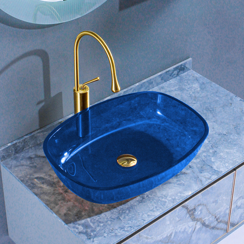 Contemporary Bathroom Sink Glass Oval-Shape Vessel Bathroom Sink with Pop-Up Drain