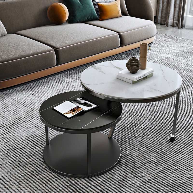 Contemporary Coffee Table Set Slate Round 2-Piece Coffee Cocktail Table