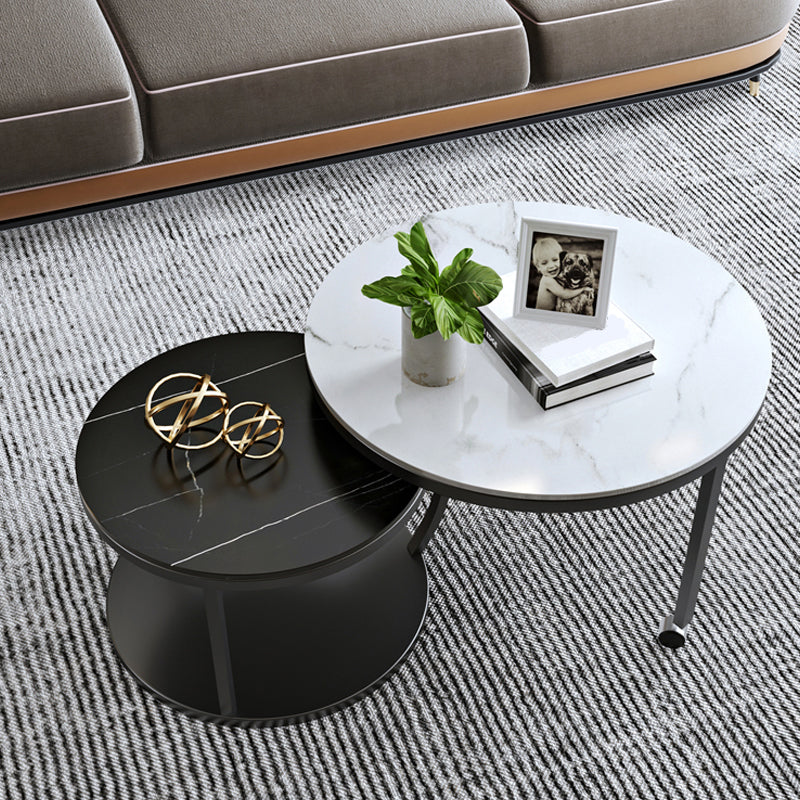 Contemporary Coffee Table Set Slate Round 2-Piece Coffee Cocktail Table